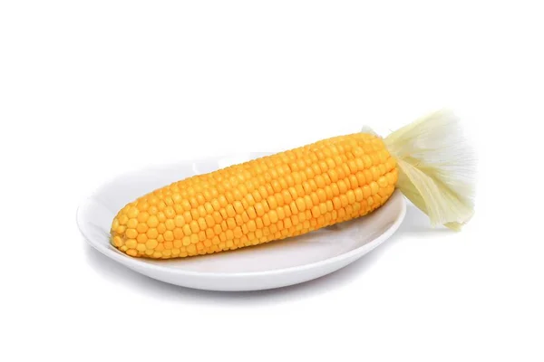 Kukuřice Vařené Desku Bílém Pozadí — Stock fotografie