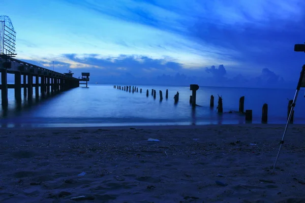Zonsondergang Landschap Twilight Tijd Prachtige Brug Haven Zee Avond Voor — Stockfoto