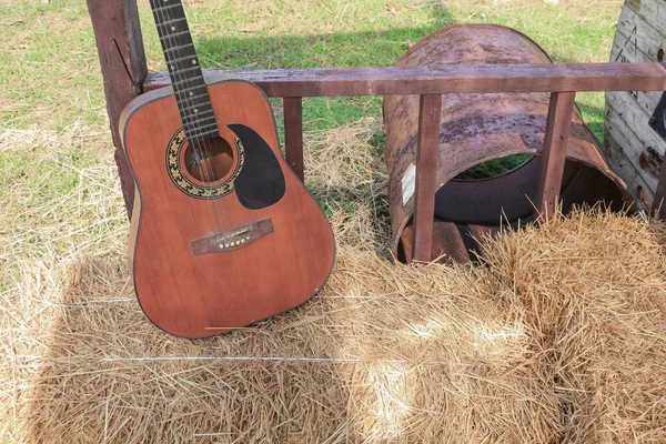 Guitarra sobre fondo de paja con espacio de copia . —  Fotos de Stock