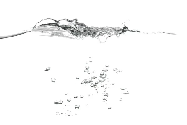 Water Splash Δείχνουν Την Κίνηση Φυσαλίδες Αέρα Άσπρο Φόντο Χώρο — Φωτογραφία Αρχείου