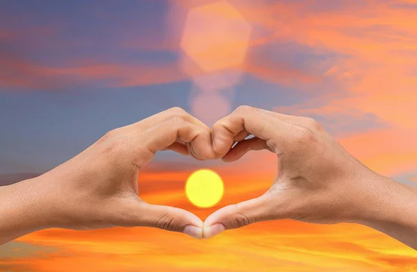 Hand Forming Heart Shape Sunset Light Copy Space Add Text — Stock Photo, Image
