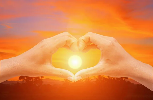 Hand Forming Heart Shape Sunset Light Copy Space Add Text — Stock Photo, Image