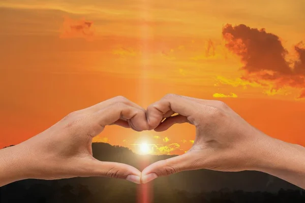 Hand Forming Heart Shape Sunset Light Copy Space Add Text — Stock Photo, Image