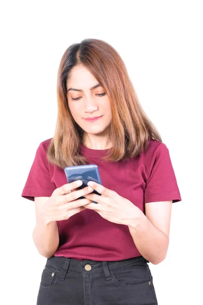 Woman use photo smartphone. closeup on white background — Stock Photo, Image