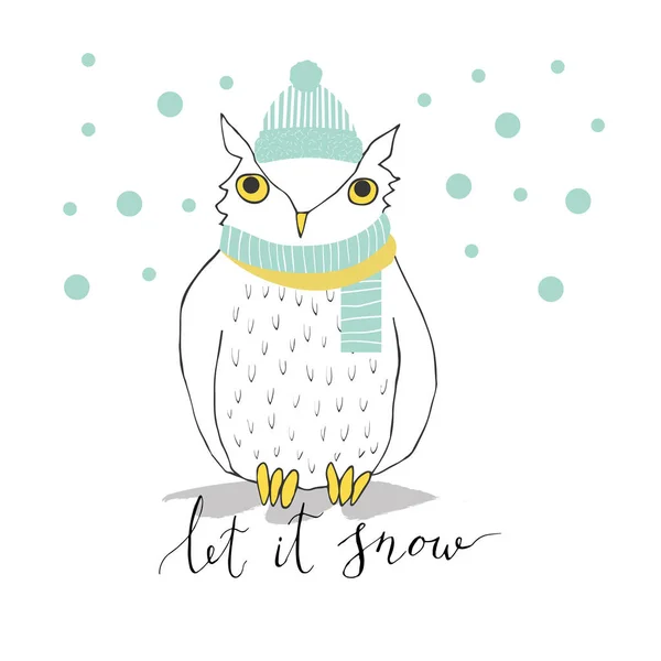 Owl in winter hat with lettering — Stock Vector