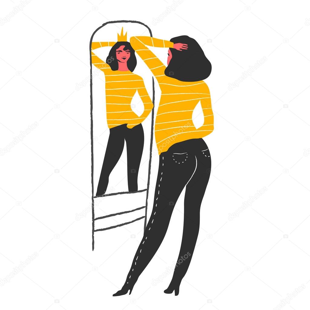 Narcissistic woman looks at mirror