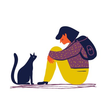 Sad a girl  sitting  with her cat.  clipart