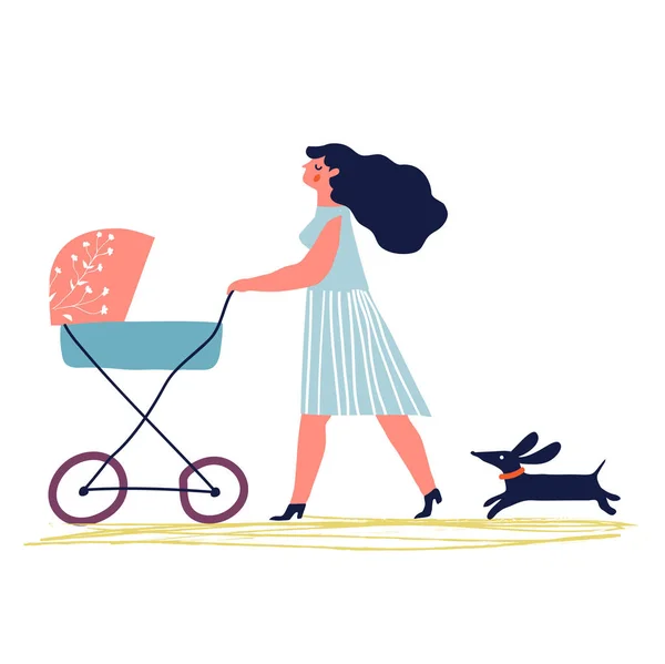 Madre con carrozzina con cane . — Vettoriale Stock