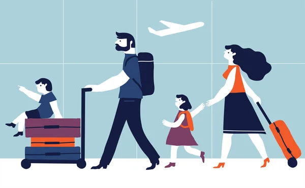 Föräldrar med barn som går på semester. — Stock vektor