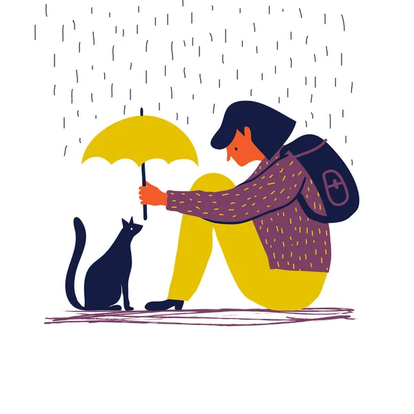 Menina com guarda-chuva protege um gato . Vetores De Bancos De Imagens