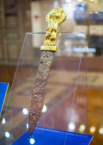 Azov, Russia - July 27, 2019: Dagger of the Sarmatian warrior, exposition "Gold of the Scythians", Azov, Rostov Region