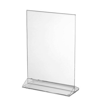 Transparent acrylic table stand display for menu isolated, white background clipart