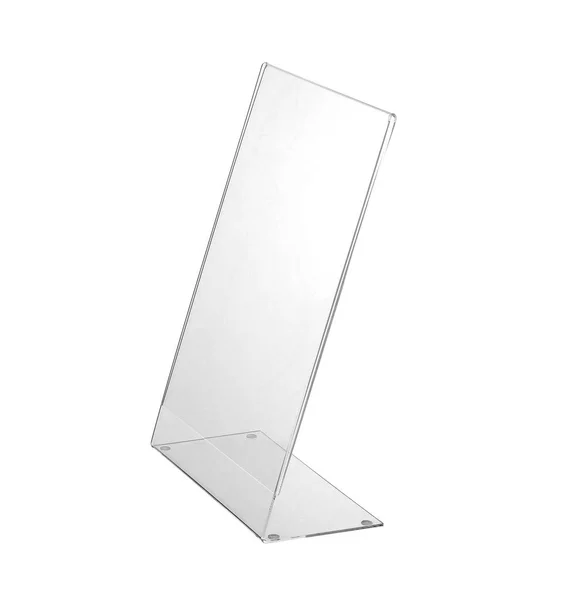 Transparent akryl bordsstativ display för menyn isolerad, vit bakgrund — Stockfoto