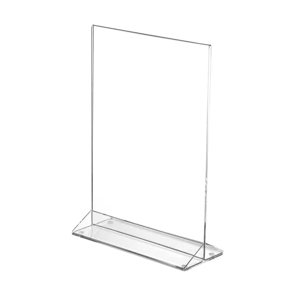 Exibição de suporte de mesa acrílica transparente para menu isolado, fundo branco — Fotografia de Stock