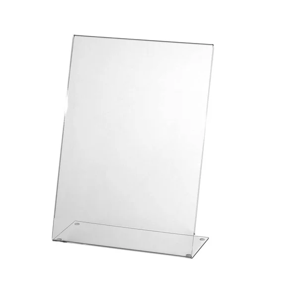 Transparent acrylic table stand display for menu isolated, white background — Stock Photo, Image