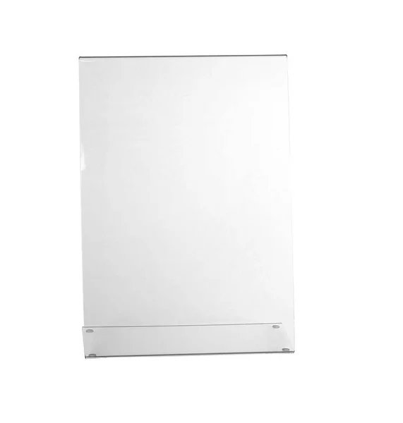 Transparentes Acryl-Tischständer-Display für Menü isoliert, weißer Hintergrund — Stockfoto