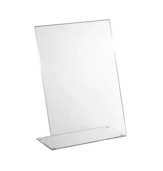 Transparent acrylic table stand display for menu isolated, white background — Stock Photo, Image