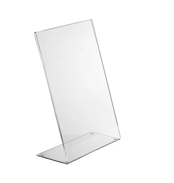 Transparent acrylic table stand display for menu isolated, white background — Stock Photo, Image