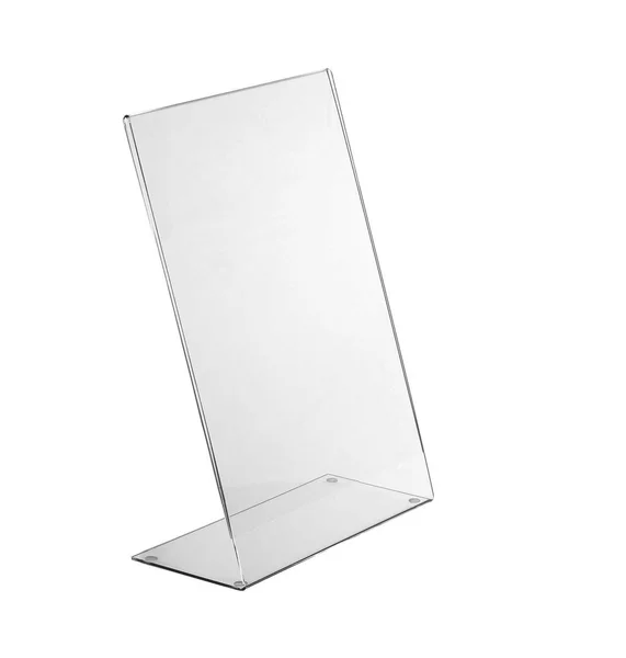 Exibição de suporte de mesa acrílica transparente para menu isolado, fundo branco — Fotografia de Stock