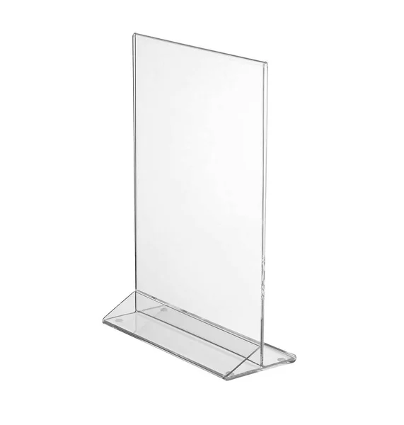 Transparent acrylic table stand display for menu isolated, white background — Stock Photo, Image