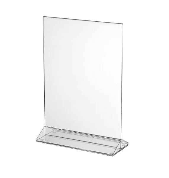 Transparent acrylic table stand display for menu isolated, white background — Stock Photo, Image