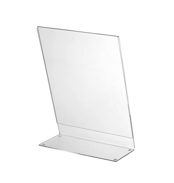 Exibição de suporte de mesa acrílica transparente para menu isolado, fundo branco — Fotografia de Stock