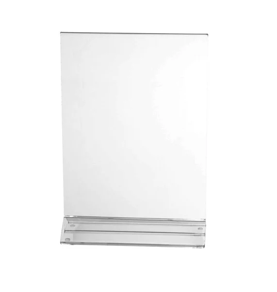 Transparante acrylaat stand Tafelweergave voor menu geïsoleerd, witte achtergrond — Stockfoto
