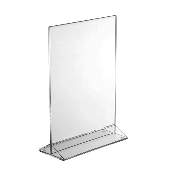 Transparent acrylic table stand display for menu isolated, white background — Stock Photo, Image