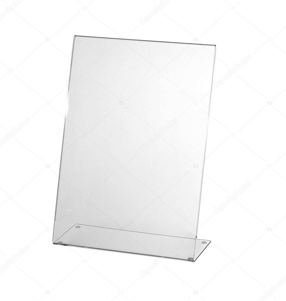 Transparent acrylic table stand display for menu isolated, white background