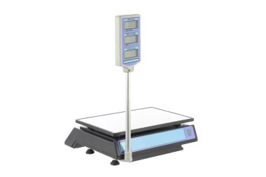 Beyaz bir arka plan üzerinde gıda tartmak için teraziler.