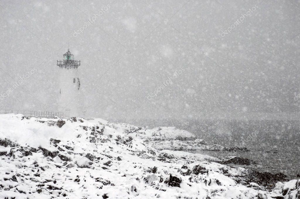Portsmouth Harbor Lighthouse Shines During Snowstorm