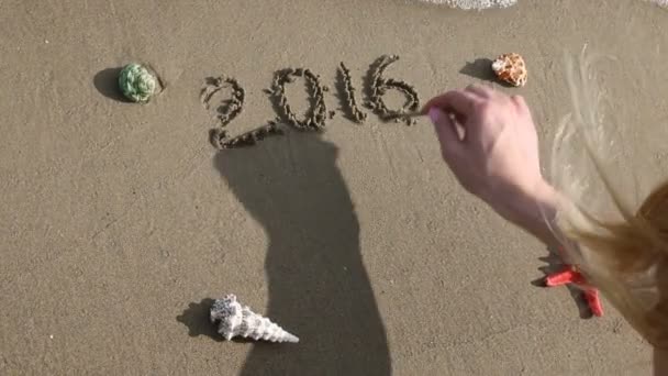 Girl write on sand. Year 2017 replacing Year 2016 by sea wave on beach. — Stock video