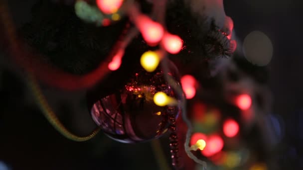 Año Nuevo y la decoración de la calle de Navidad en un árbol de piel . — Vídeo de stock