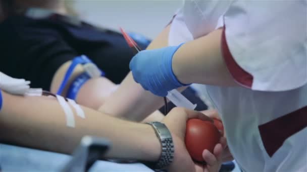 Donación de sangre por voluntarios varones — Vídeo de stock