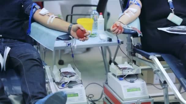 Мужчины-добровольцы сдают кровь — стоковое видео