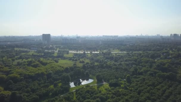 Vue aérienne du parc, du lac et des bâtiments urbains à l'horizon par temps ensoleillé 