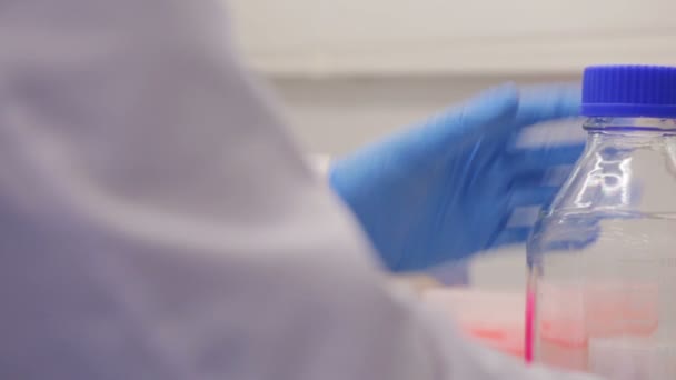 Биотехнолог Готовит Бутылку Химического Эксперимента Закрыть — стоковое видео