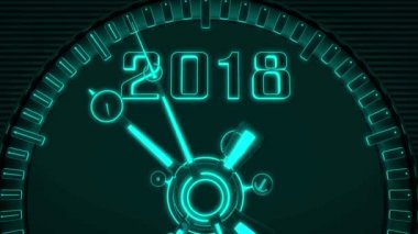 Yeni yıl 2018. Saat yüzü. Havai fişek. 3D animasyon loopable arka plan. 1920 1080 tam Hd. döngü. Yeşil parıltı.