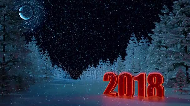 New year 2018. Winterlandschap. Achtergrond. Cijfers 2018. Plek voor het opschrift. Geen mensen. De maan, het bos. 3D animatie. 4 k. lus. — Stockvideo