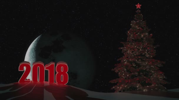 새 해 2018입니다. 겨울 풍경입니다. 배경입니다. 피 규 어 2018입니다. 비문에 장소. 아니 사람입니다. 달 클로즈업입니다. 크리스마스 트리입니다. 3d 애니메이션입니다. 1920 1080입니다. 루프. — 비디오