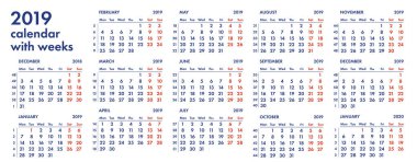 2019 Takvim kılavuzu ile hafta illüstrasyon vektör