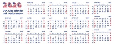 2020 Amerikan takvim hafta illüstrasyon vektör
