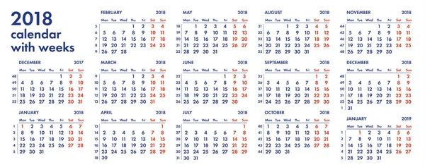 2018 Takvim kılavuzu ile hafta illüstrasyon vektör