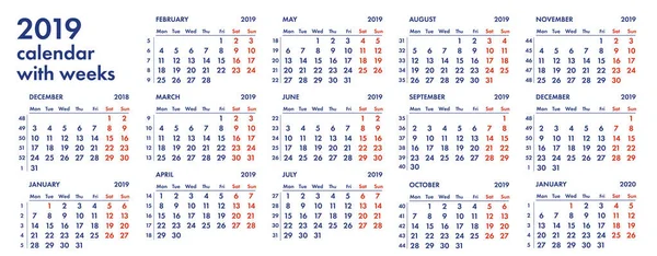 Ilustracja wektorowa 2019 siatki kalendarza z tygodni — Wektor stockowy
