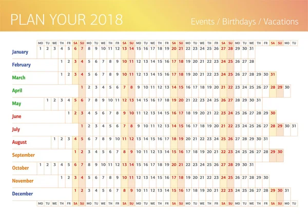 2018 yıl boyu planlayıcısı duvar. Doldurma için şablon.