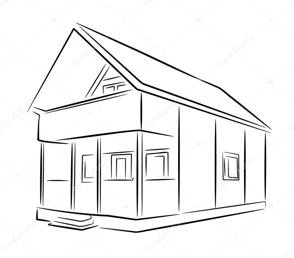 Suburban wooden house vector black sketch.