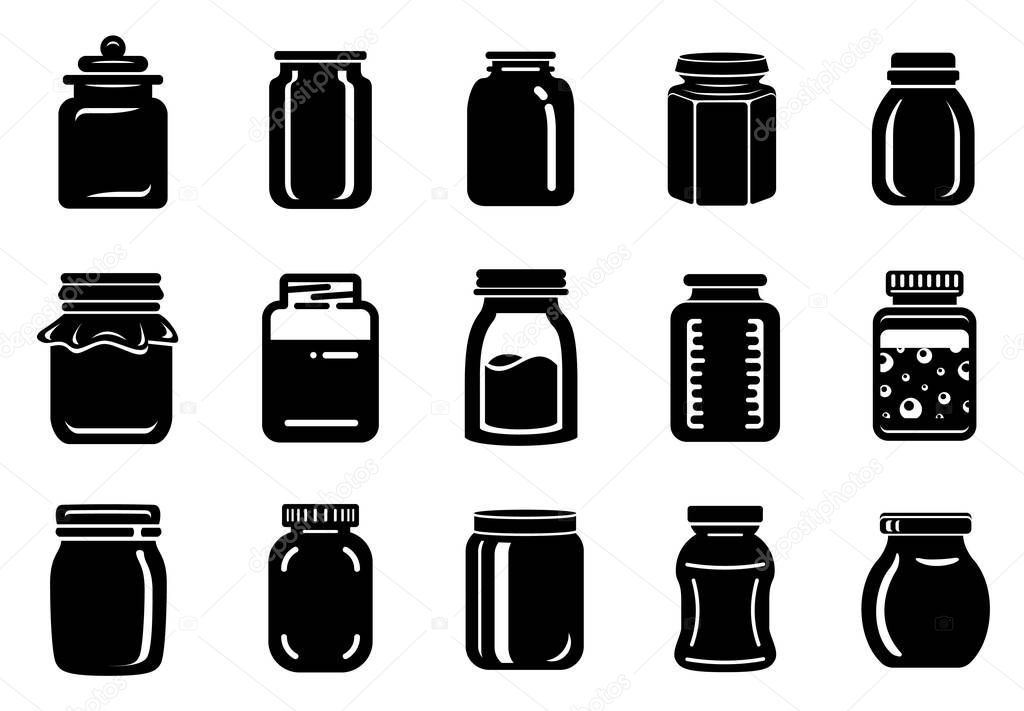 Jar glass for jam or honey icons set, simple style