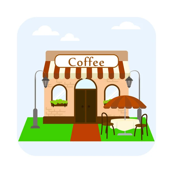 Coffee shop building facade with table and chairs, an umbrella. Street lights — Stock Vector