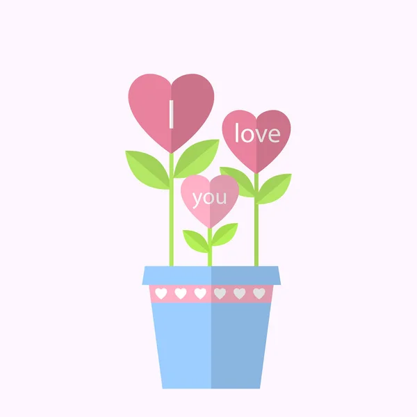 Hart bloem met I Love You in pot. Ik hou van je kaart. Vlakke stijl. Vectorillustratie — Stockvector