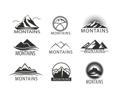 Logo, simge Montains siyah beyazlı kümesi. Tırmanma etiket, seyahat hiking